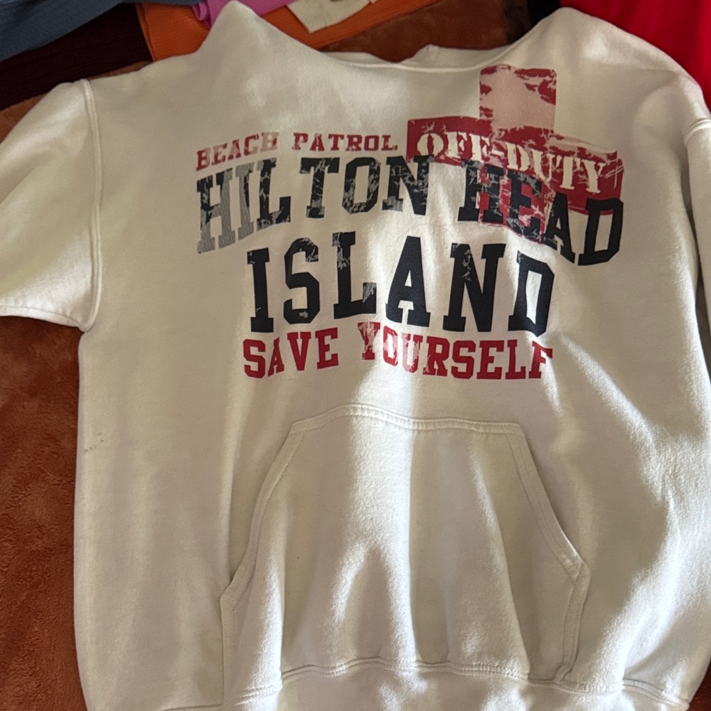 Gildan Hoodie - White with Red and Black Print